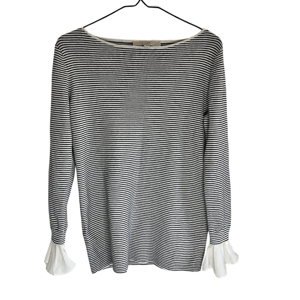 Loft Striped Boat Neck Ribbed Long Sleeve Flare Cuff Preppy Sweater Top